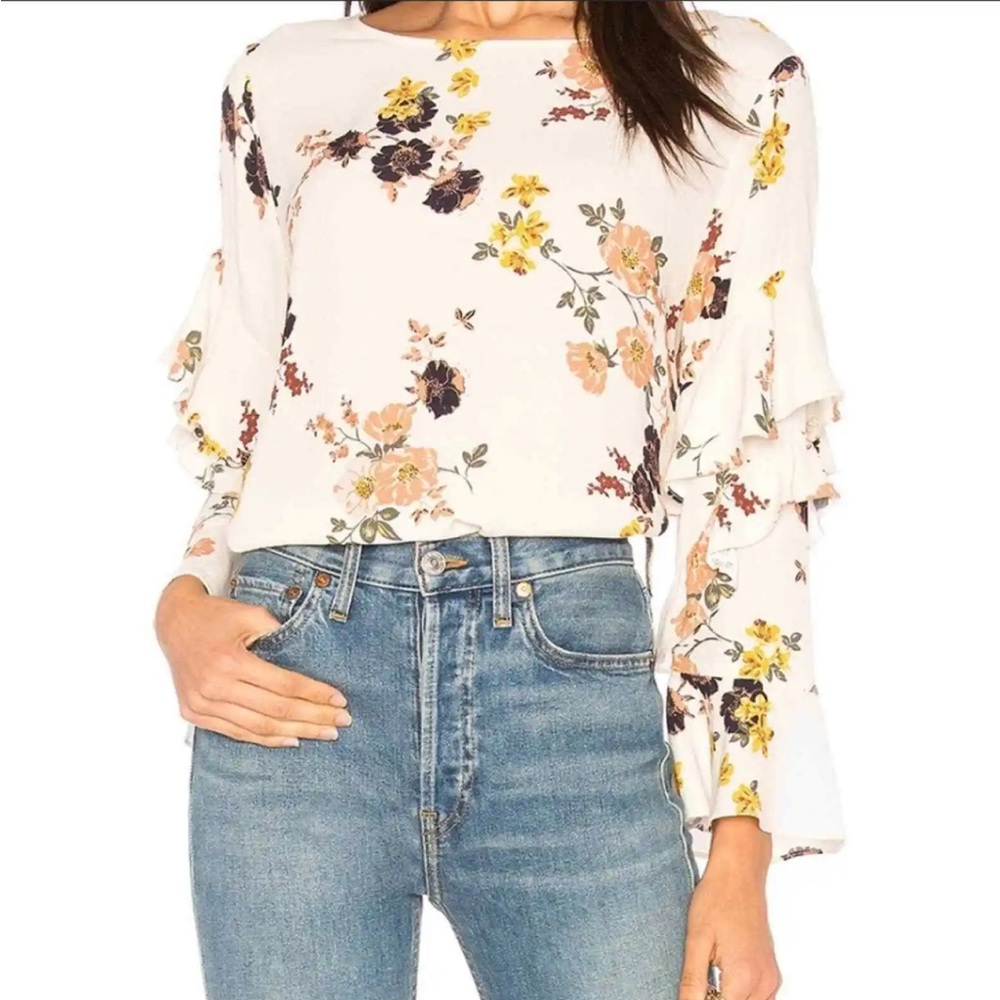 Sanctuary White Floral Print Ruffle Sleeve Top Sz M